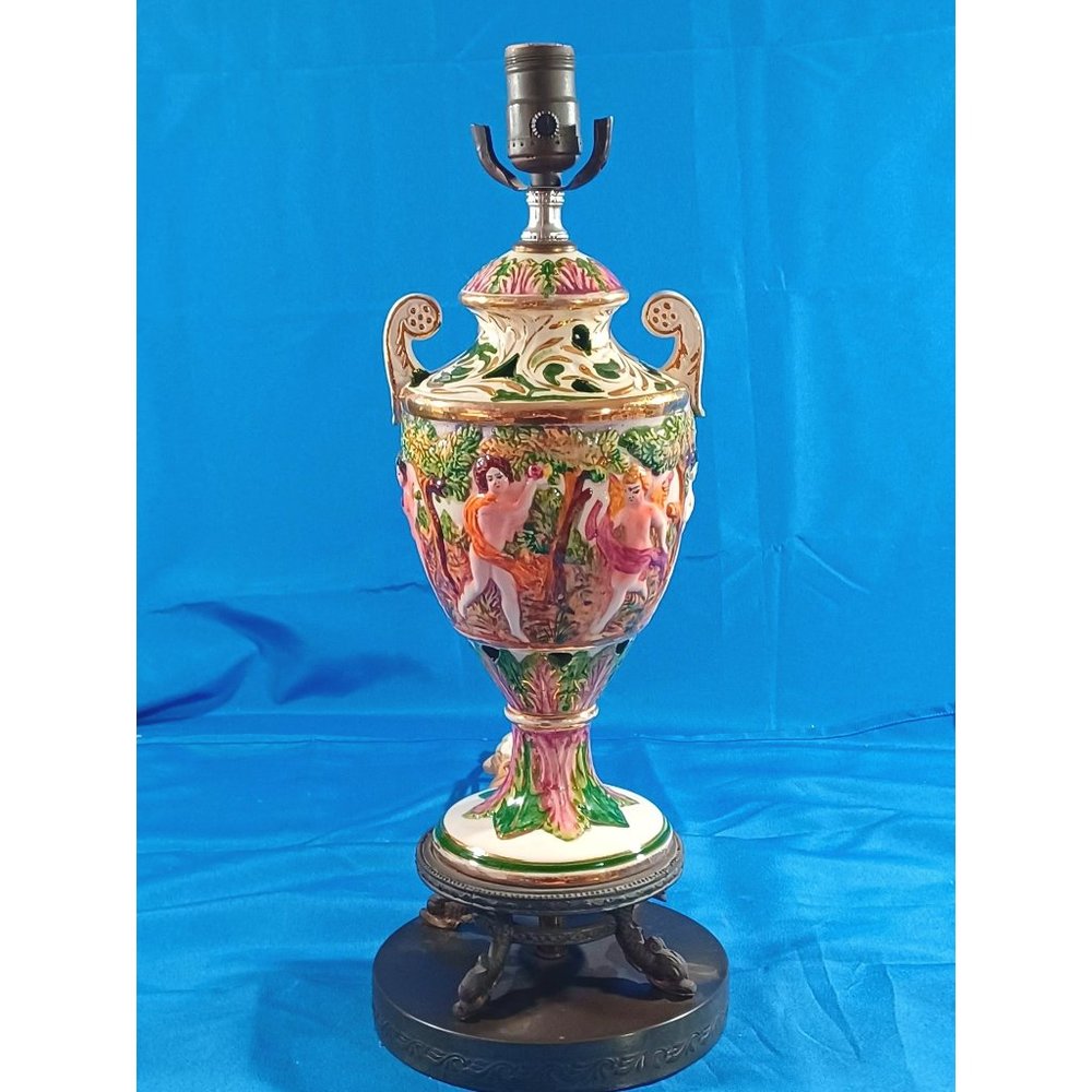 Vintage Capodimonte Amphora Vase Gilt Putti  Cherub Angels Garden of Eden Lamp - Picture 10 of 10